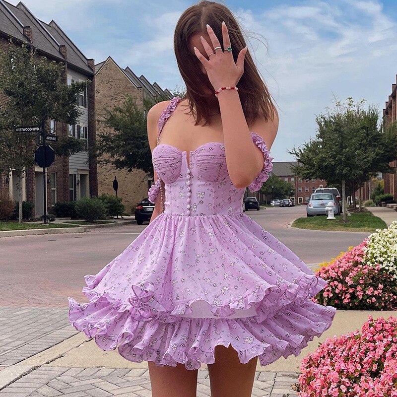 Purple Floral Frill Summer Dress