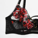 Red Floral Embroidery Garter Corset Lingerie Set