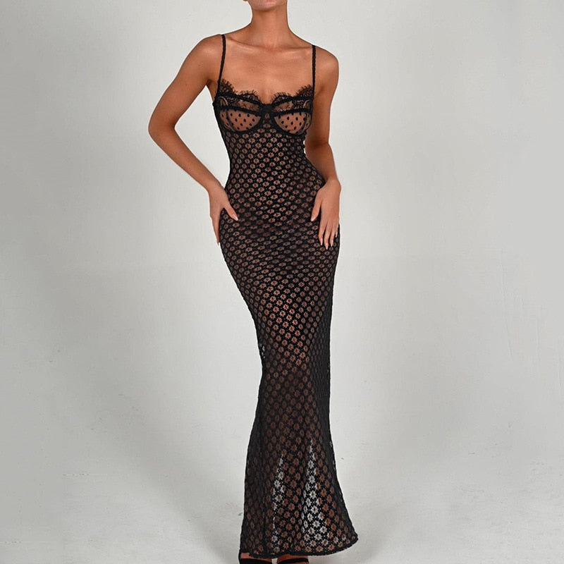 Black Polka Dot Lace Sheer Cupped Maxi Dress – Free From Label