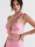 Pink Satin Lace Trim Crop Top And Maxi Skirt Set