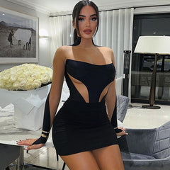 Black Patchwork Mesh Long Sleeve Bodycon Mini Dress Free From Label