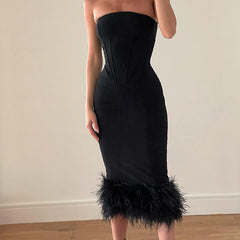 Black Tube Midi Dress With Fur Trim Free From Label