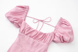 Linen blend Puff Sleeve Back Lace Tie Up Mini Dress