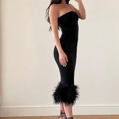 Black Tube Midi Dress With Fur Trim Free From Label