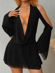 Deep Neck Off-shoulder Cut Long Sleeve Mini Dress Free From Label