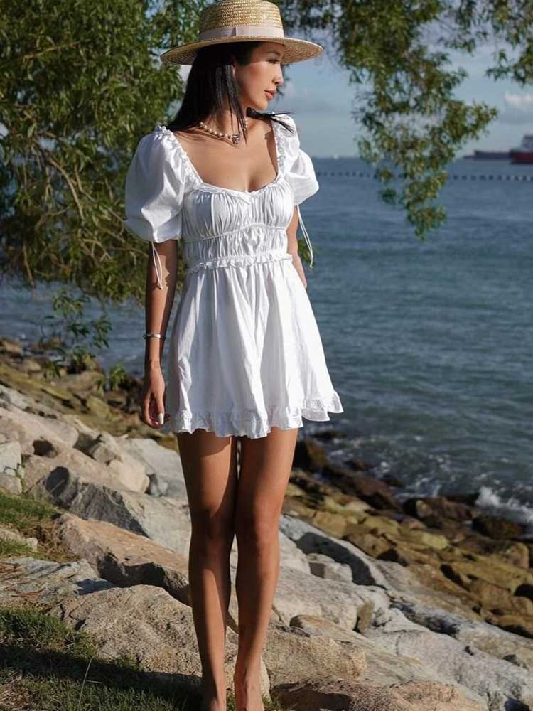 White Ruched Puffed Sleeve Mini Dress Free From Label