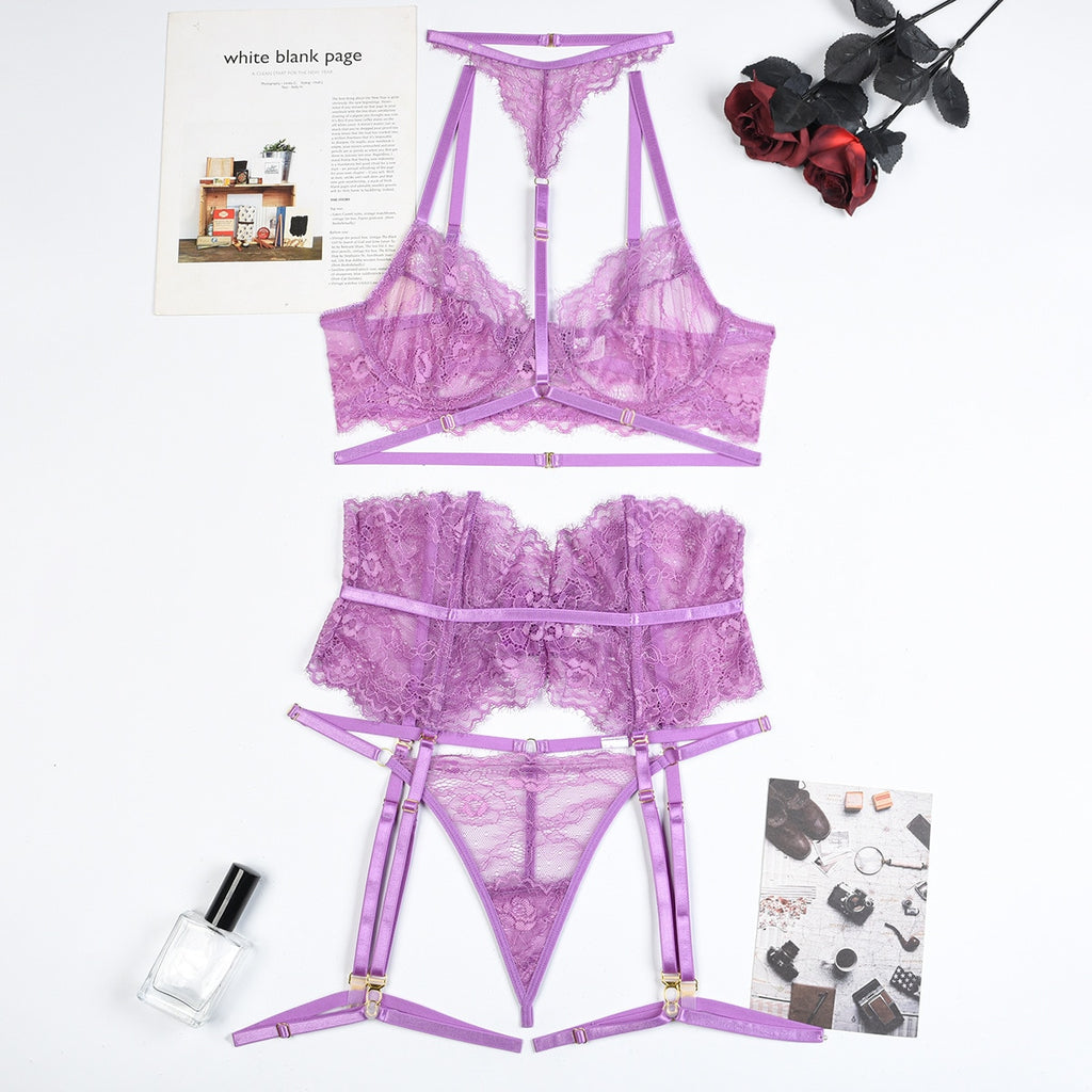 Declicate White W/lavender Purple Accents Floral Lace Swarovski Crystal Bra  and Thong Panties Set 36C -  Canada