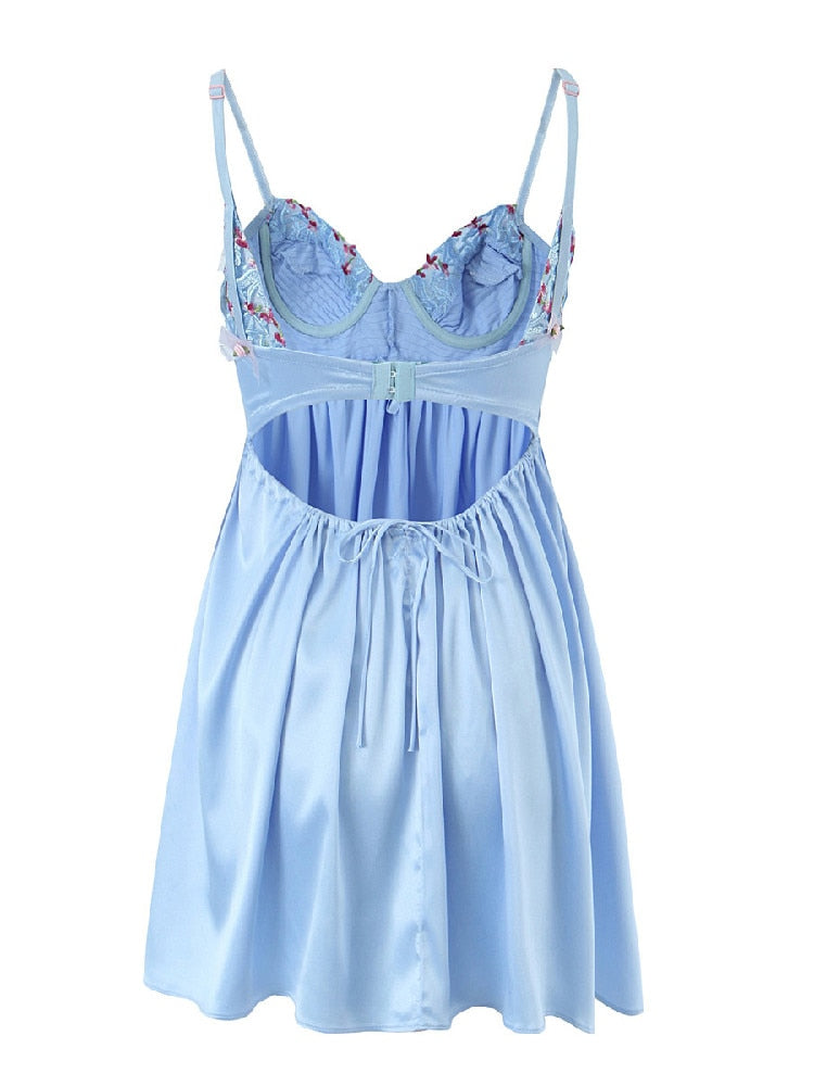 Flower Embroidered Lace Blue Slip Mini Dress
