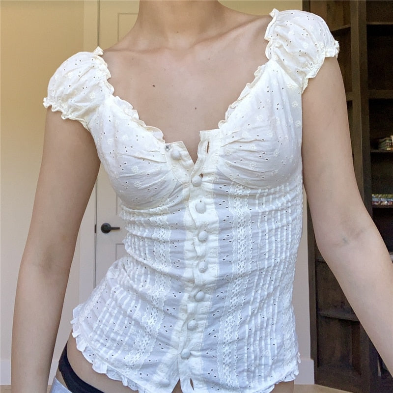 White Doily Pattern Buttoned Top