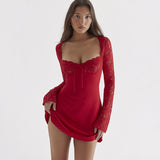 Red Lace Bustier Long Sleeve Mini Dress