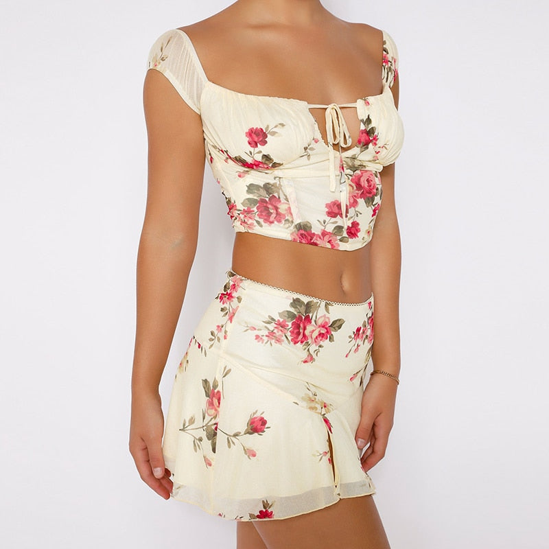 White Floral Top And Mini Skirt Two Piece Set
