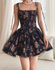 Black Floral Print Tie-Up Corset Frill Mini Dress Free From Label