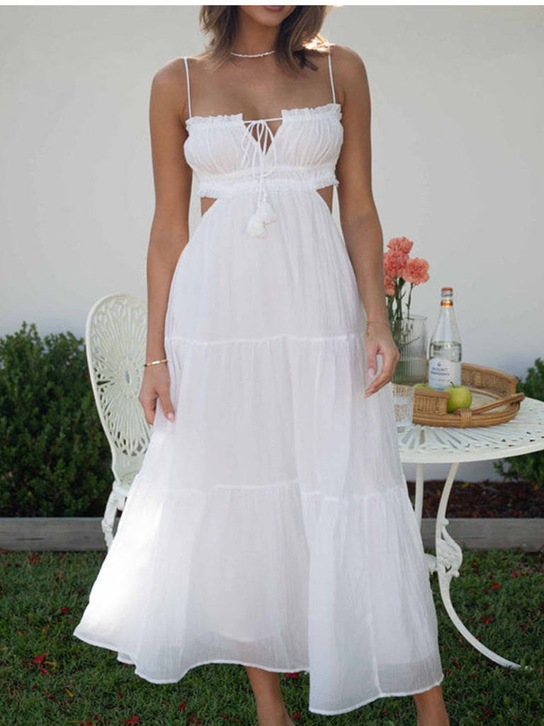 Zapaka Women White Summer Dress Spaghetti Straps Casual Dress with