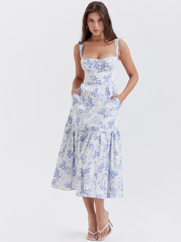 Floral Print Bustier Strap With Pocket Midi Dress