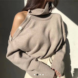 Cold Shoulder Buttoned Turtleneck Sweater