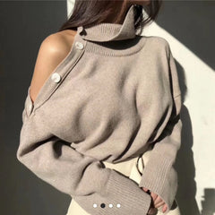 Cold Shoulder Buttoned Turtleneck Sweater Free From Label