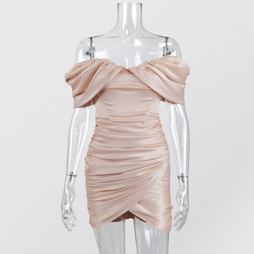 Off-Shoulder Corset Drapped Satin Mini Dress