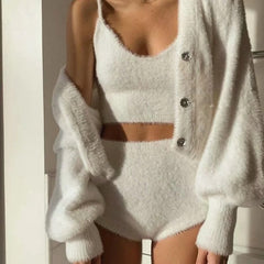 White Knit Fuzzy Three Piece Set Free From Label