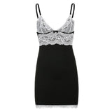 White Lace V-neck Black Slip Dress