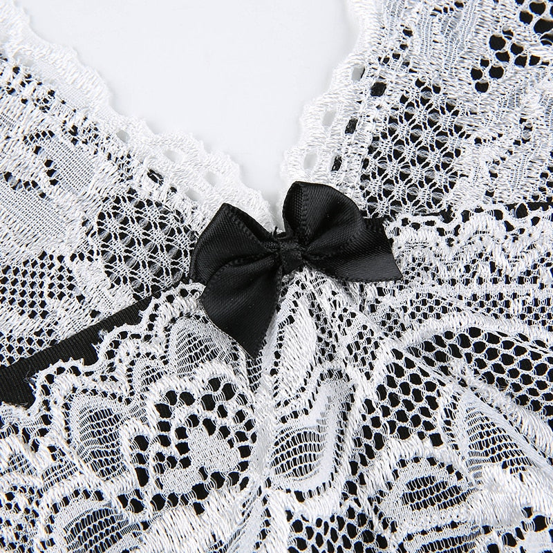 White Lace V-neck Black Slip Dress