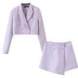 Cropped Buttoned Blazer And Skort Two Piece Set