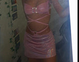 Pink Sequin Bralette and Skirt Tie Up Two Piece Set
