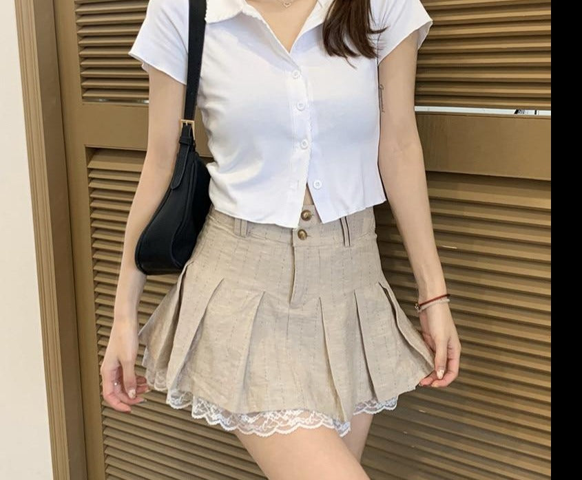 Khaki Lace Trim Mini Skirt