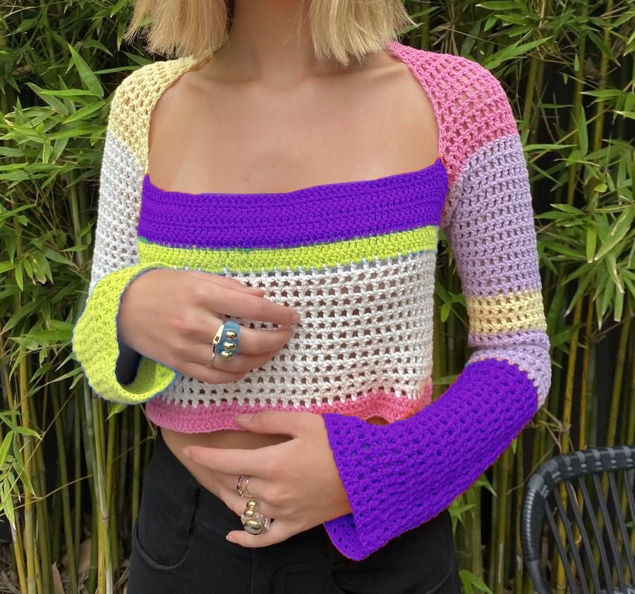 Colorful Crochet Long Sleeve Crop Top