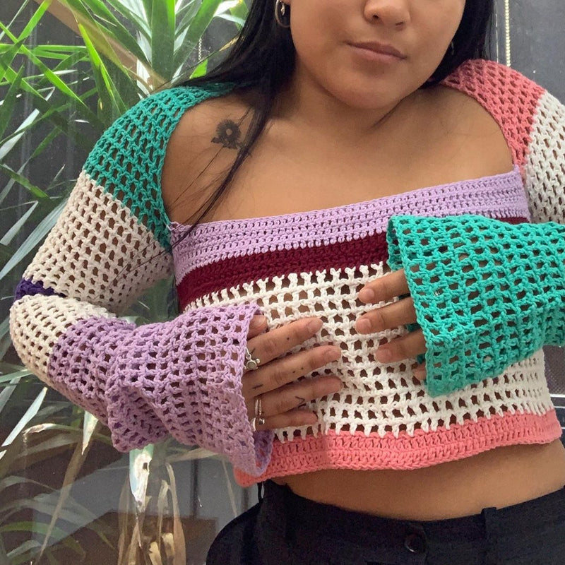 Women's Knit Square Collar Colorful Stripe Colorblock Crochet Long