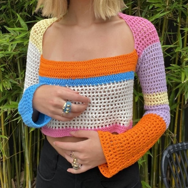 Colorful Crochet Long Sleeve Crop Top
