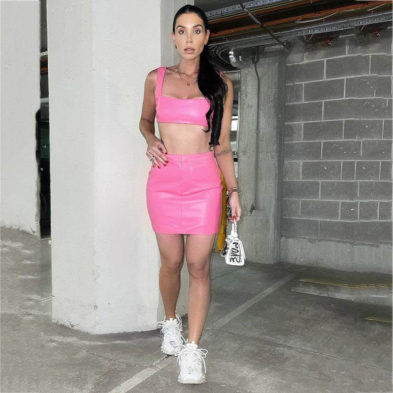 Pink Faux Leather Two Piece Skirt And Bralette Set